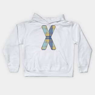 Monogram Letter X, Blue, Yellow and Grey Scottish Tartan Style Typography Design Kids Hoodie